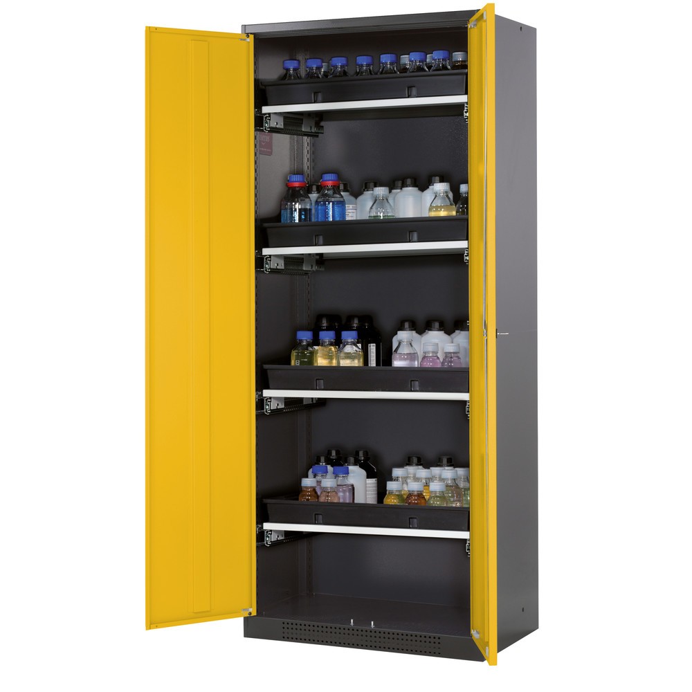 Produktabbildung: asecos® Chemikalienschrank CS-CLASSIC, mit 4 Tablarauszügen und PP-Wanne, HxBxT 1.950 x 810 x 520 mm, goldgelb