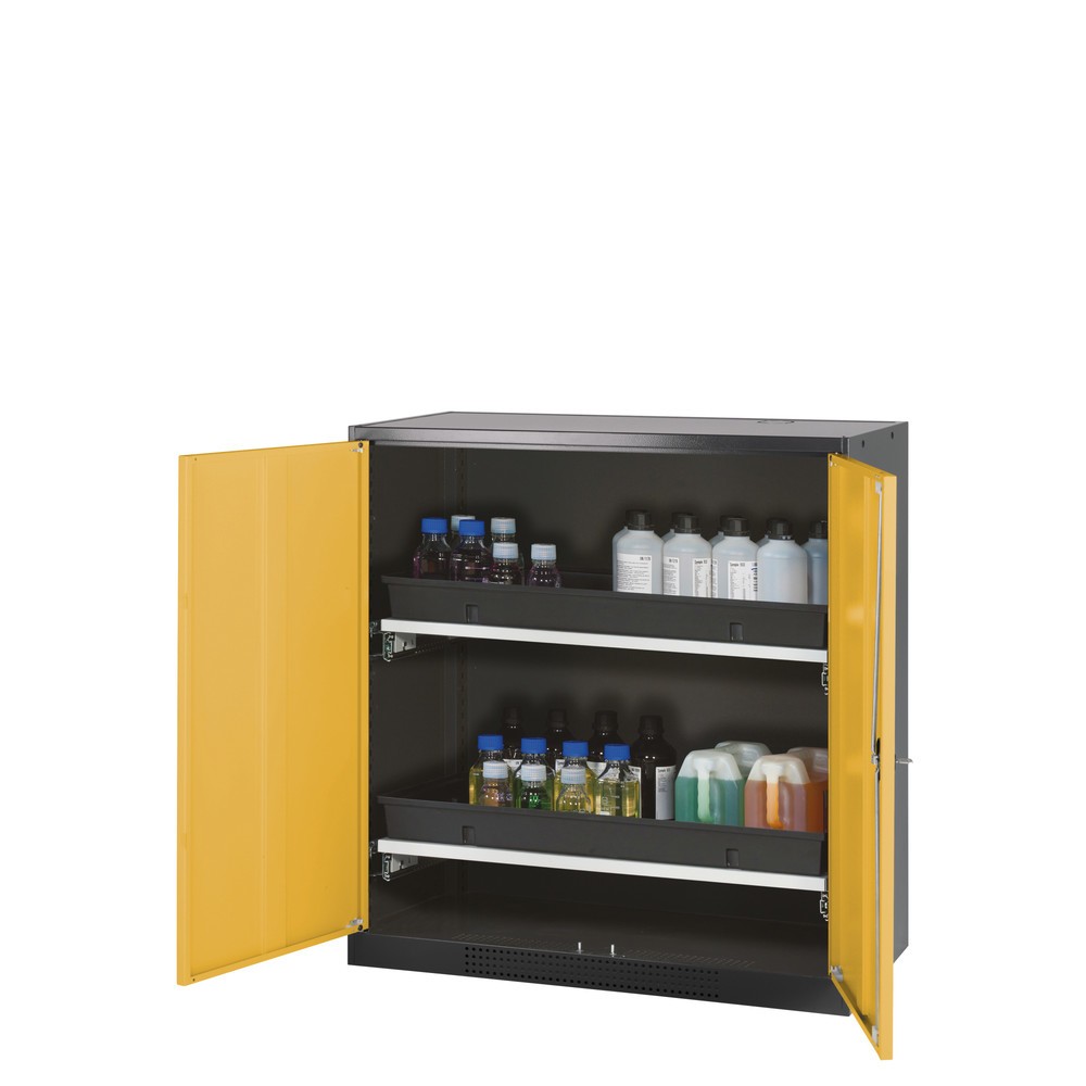 Produktabbildung: asecos® Chemikalienschrank CS-CLASSIC, mit 2 Tablarauszügen und PP-Wanne, HxBxT 1.105 x 1.055 x 520 mm, goldgelb