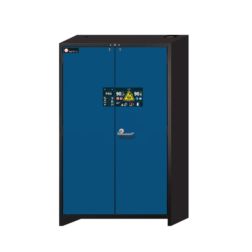 Produktabbildung: asecos® Sicherheitsschrank Typ 90 für Lithium-Ionen-Batterien ION-PRO-STORE, HxBxT 1953x1193x615 mm, 3x gelochte Fachböden, 1x Bodenauffangwanne