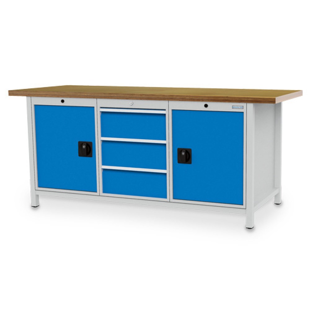 Produktabbildung Nr. 1: Bedrunka+Hirth Werkbank R 18-24, HxBxT 959 x 2.000 x 750 mm, lichtgrau, lichtblau, 3 Schubladen 3x200 mm, 2 Flügeltüren 2x600 mm