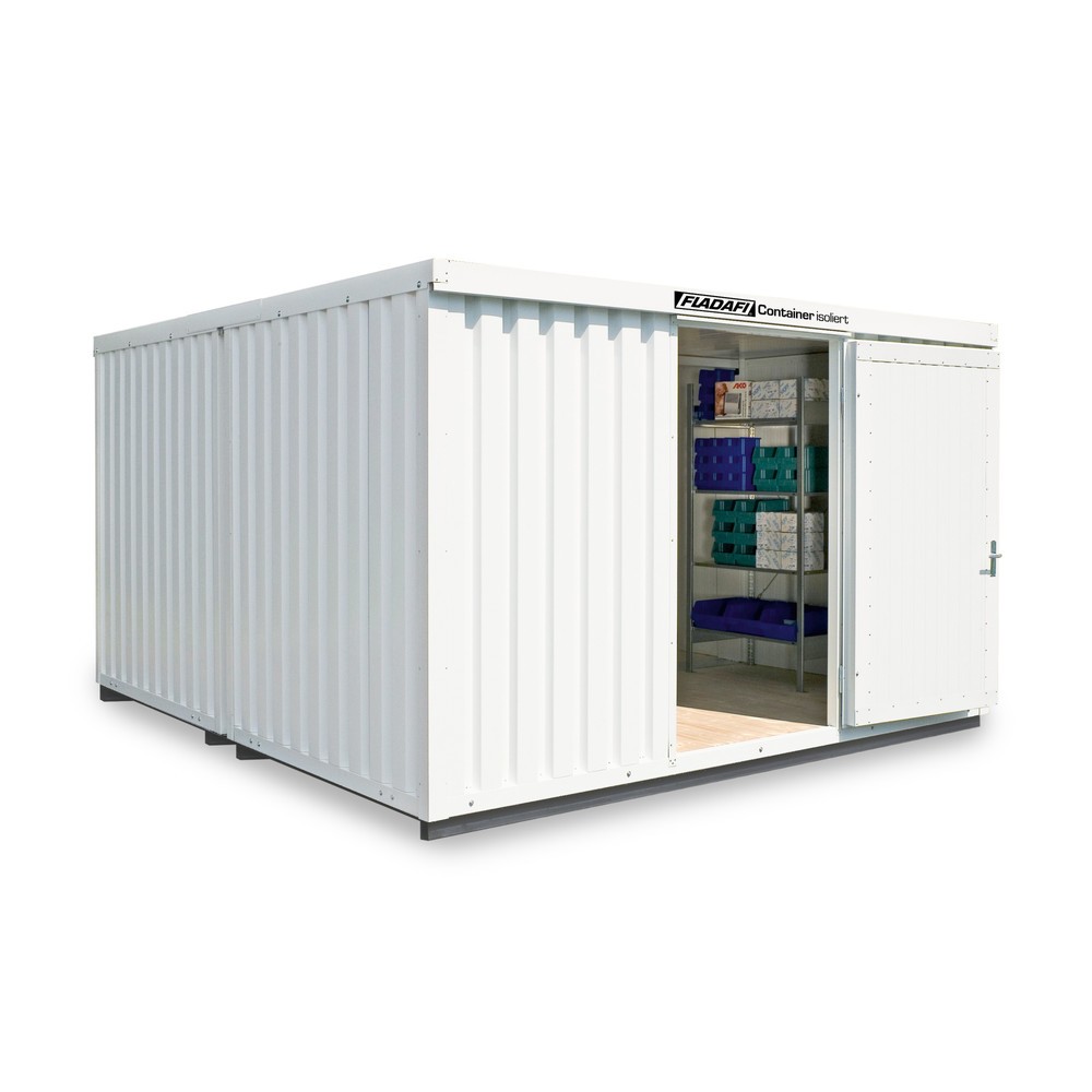 Produktabbildung: FLADAFI® Materialcontainer-Kombination 16m², isoliert, mit isoliertem Boden, Maße außen 4050x4340x2500 mm, Doppelflügeltür (asymmetrische Teilung), mittig im Modul