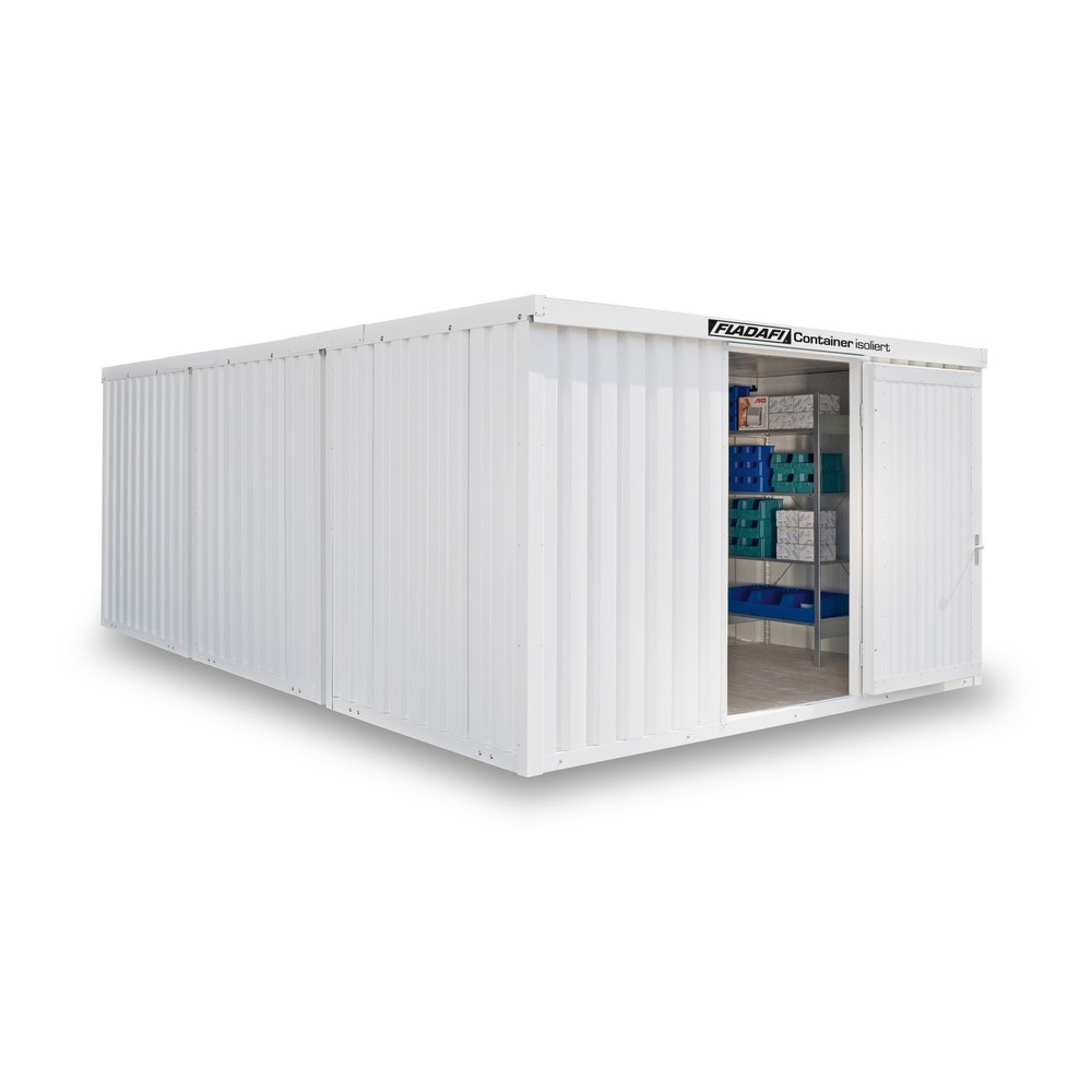 Produktabbildung: FLADAFI® Materialcontainer-Kombination 25m², isoliert, mit Holzfußboden, Maße außen 4050x6520x2405 mm, Doppelflügeltür (asymmetrische Teilung), mittig in Stirnseite, Zusatztür