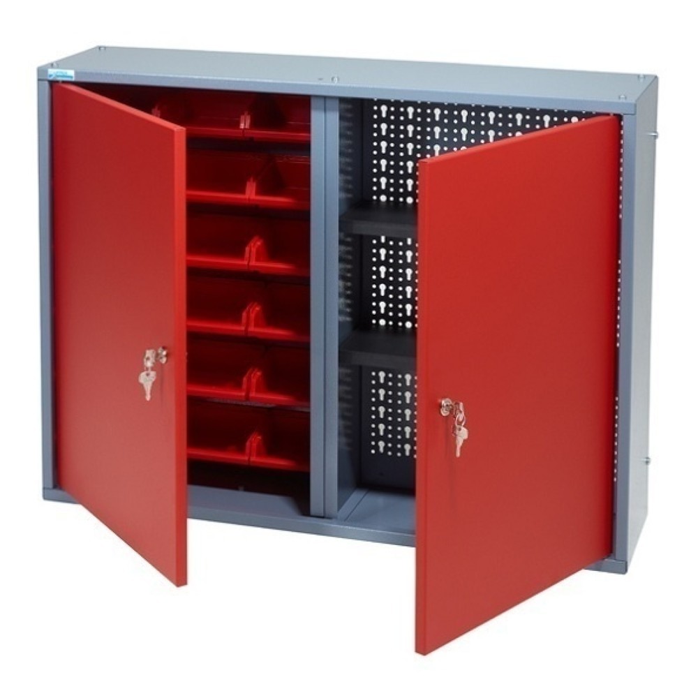 Hängeschrank mit Lochrückwand + Sichtboxen
