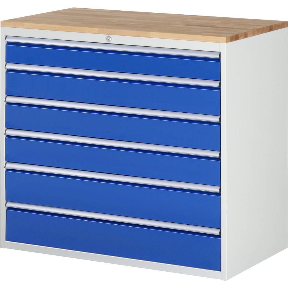 Produktabbildung: RAU Schubladenschrank Serie 7000, HxBxT 1.035 x 1.145 x 650 mm, 6 x 90%-Auszug-Schubladen 1 x 120, 3 x 150, 2 x 180 mm, Arbeitsplatte Buche