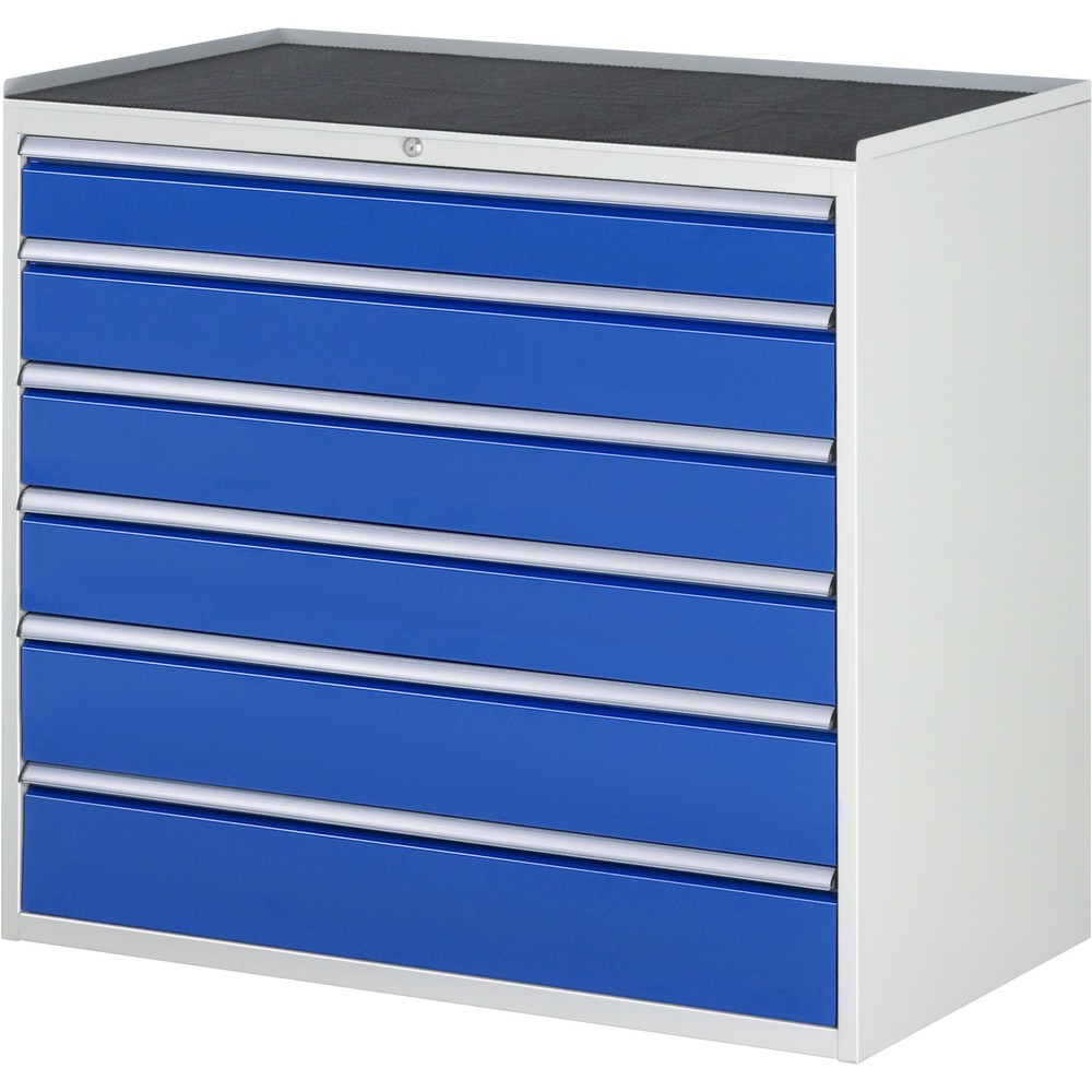 Produktabbildung: RAU Schubladenschrank Serie 7000, HxBxT 1.035 x 1.145 x 650 mm, 6 x 90%-Auszug-Schubladen 1 x 120, 3 x 150, 2 x 180 mm, Arbeitsplatte Metall