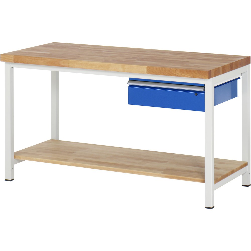 Produktabbildung: RAU Werkbank Serie 8000, HxBxT 840-1.040 x 1.500 x 700 mm, 1 Schublade, 1 Buche-Massiv-Ablageboden