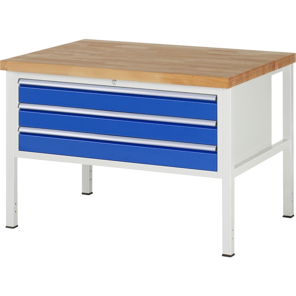 Produktabbildung: RAU Werkbank Serie 8000, HxBxT 840 x 1.250 x 900 mm, 3 x 100%-Auszug-Schubladen 3 x 120 mm, Schubladen-TK 50 kg