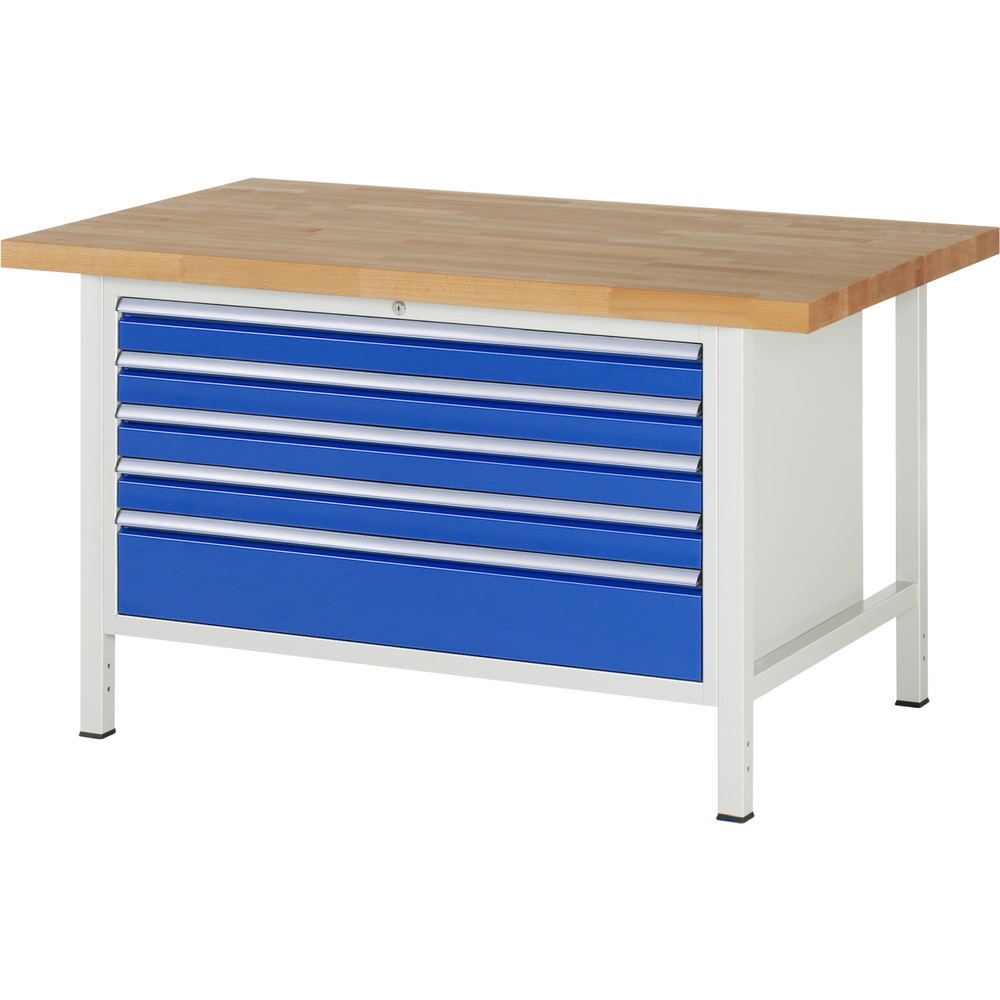 Produktabbildung: RAU Werkbank Serie 8000, HxBxT 840-1.040 x 1.500 x 900 mm, 5 x 100%-Auszug-Schubladen 4 x 90, 1 x 180 mm, Schubladen-TK 50 kg