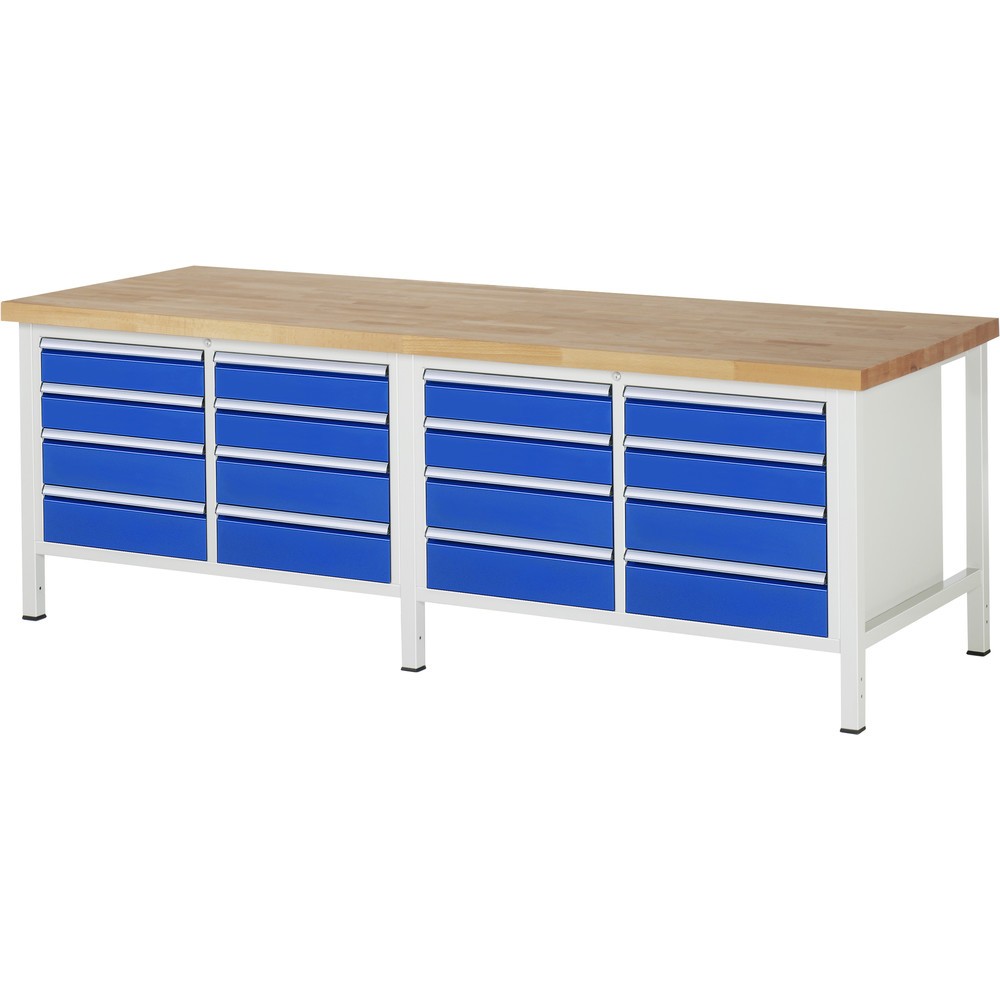 Produktabbildung Nr. 1: RAU Werkbank Serie 8000, 2 Doppel-Container, HxBxT 840-1.040 x 2.500 x 900 mm, 16 x 90%-Auszug-Schubladen