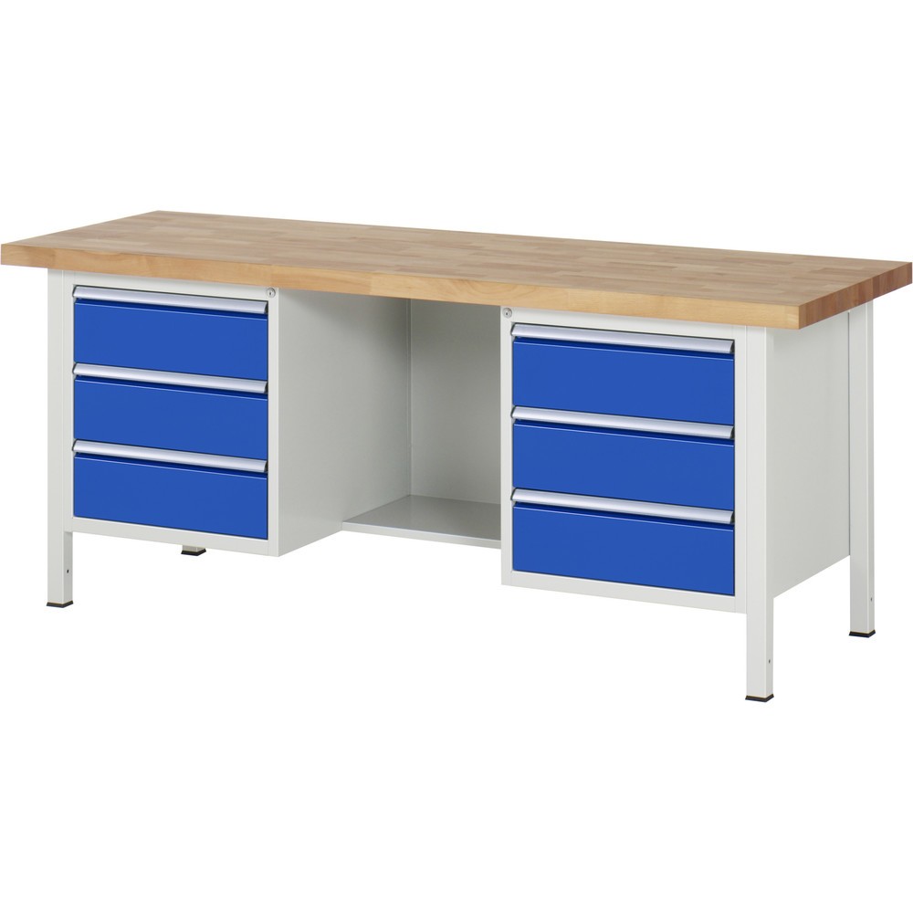 Produktabbildung Nr. 1: RAU Werkbank Serie 8000, 2 Container, 1 Ablageboden, HxBxT 840-1.040 x 2.000 x 700 mm, 6 x 90%-Auszug-Schubladen, ErgoScript