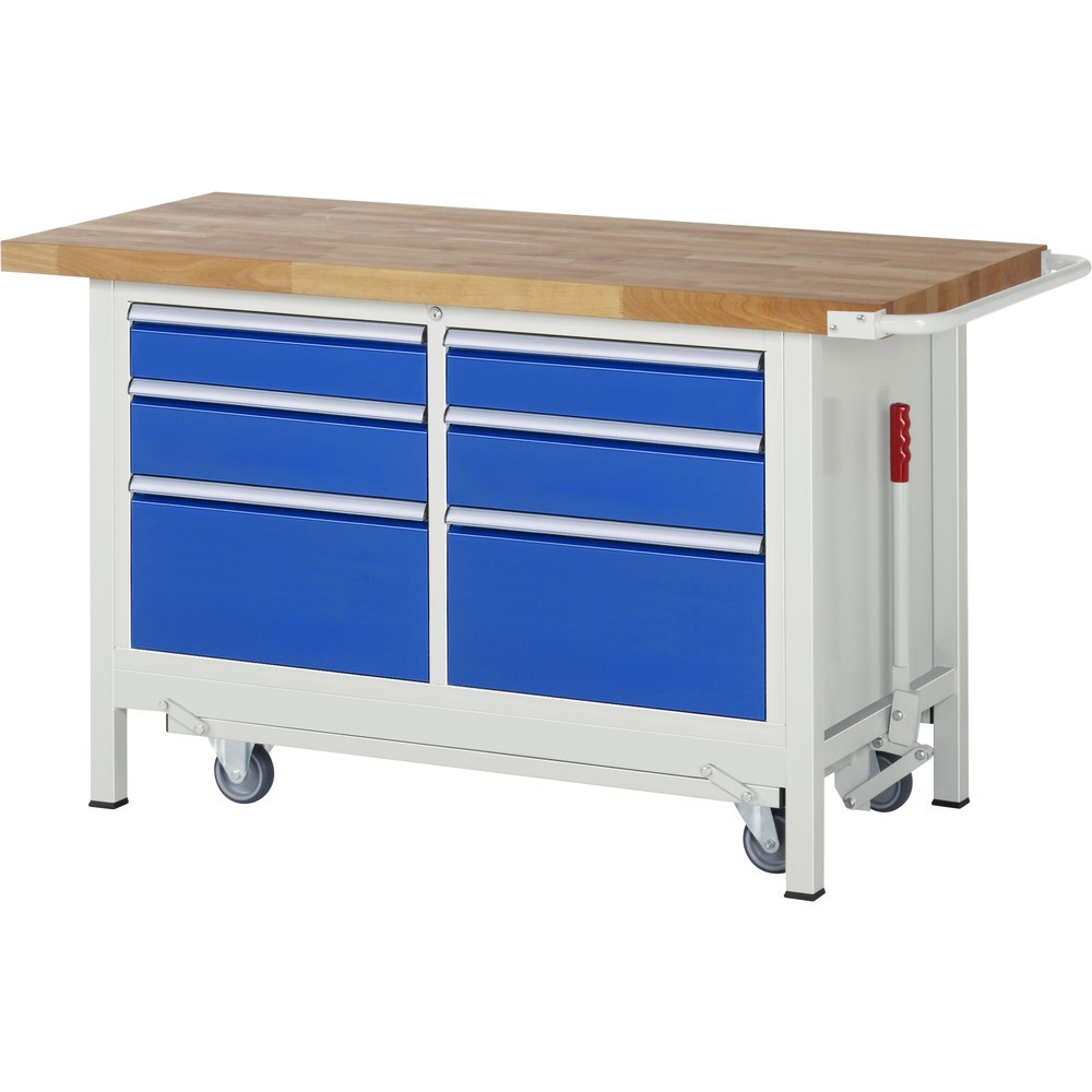 Produktabbildung: RAU Werkbank Serie 8000 mit absenkbarem Fahrgestell, 1 Doppel-Container, HxBxT 880 x 1.500 x 700 mm, 6 x 90%-Auszug-Schubladen 2 x 120 mm, 2 x 150 mm, 2 x 270 mm
