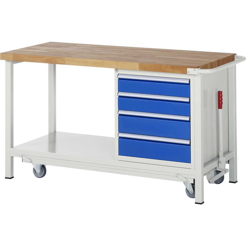 Produktabbildung: RAU Werkbank Serie 8000 mit absenkbarem Fahrgestell, 1 Container, 1 Ablageboden, HxBxT 880 x 1.500 x 700 mm, 4 x 90%-Auszug-Schubladen, Breite 490 mm