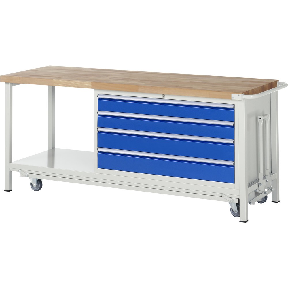 Produktabbildung: RAU Werkbank Serie 8000 mit absenkbarem Fahrgestell, 1 Container, 1 Ablageboden, HxBxT 880 x 2.000 x 700 mm, 4 x 90%-Auszug-Schubladen, Breite 1.055 mm