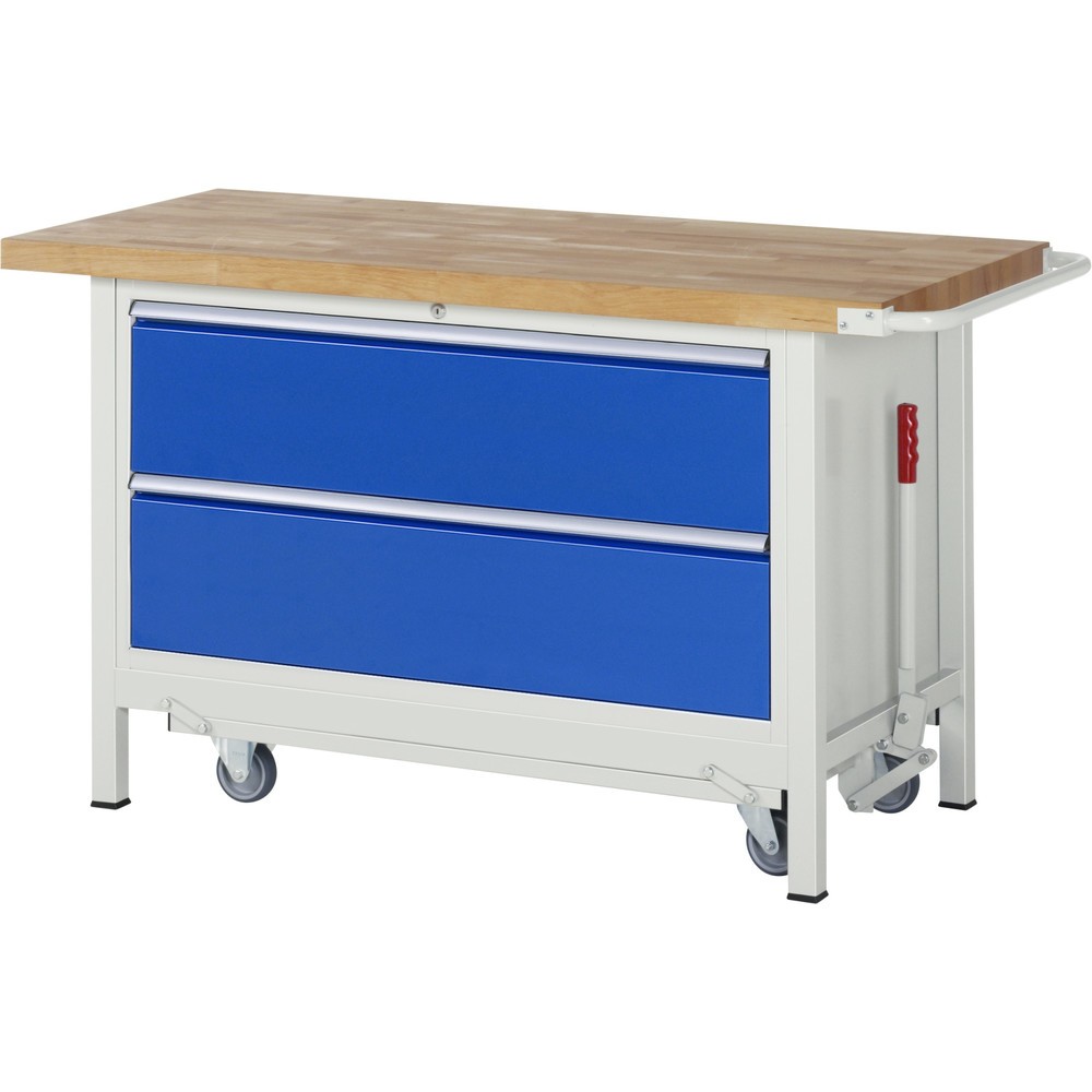 Produktabbildung: RAU Werkbank Serie 8000 mit absenkbarem Fahrgestell, 1 Container, HxBxT 880 x 1.500 x 700 mm, 2 x 90%-Auszug-Schubladen, Breite 1.055 mm