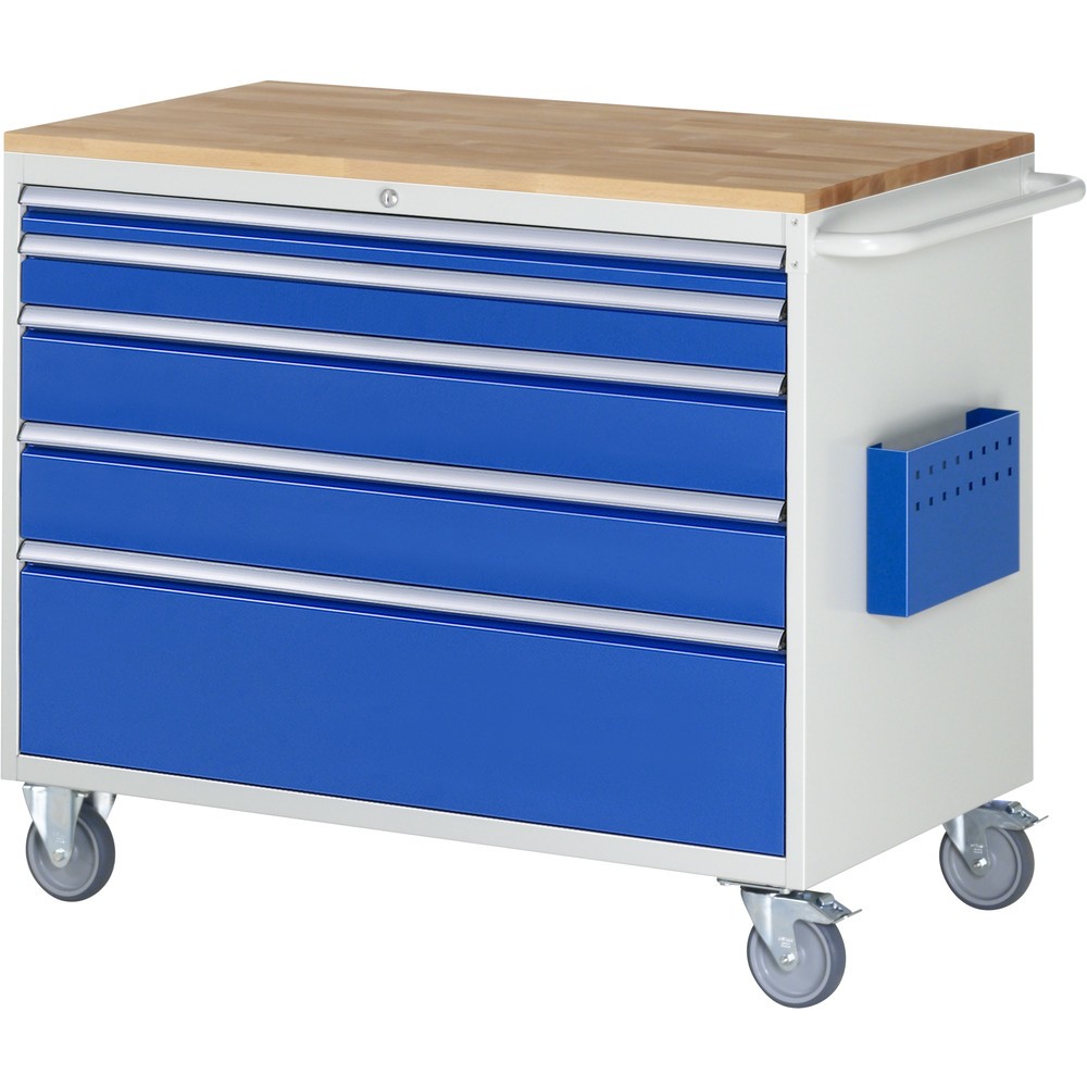 Produktabbildung: RAU Werkstattwagen Serie 7000, HxBxT 975 x 1.145 x 650 mm, 5 x 90%-Auszug-Schubladen 1 x 60 mm, 1 x 90, 2 x 150, 1 x 270 mm, Arbeitsplatte Buche