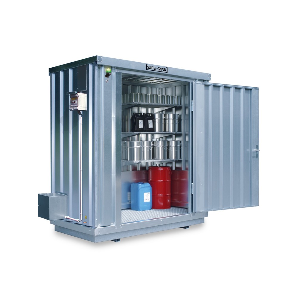 Produktabbildung: SAFE Tank Gefahrstoffcontainer 300 ECO, energieeffizient durch bedarfsgerechte Lüftersteuerung, Maße außen 2400x1440x2300 mm, Einzelflügeltür, mittig in Breitseite, Lagerfläche 2 m²