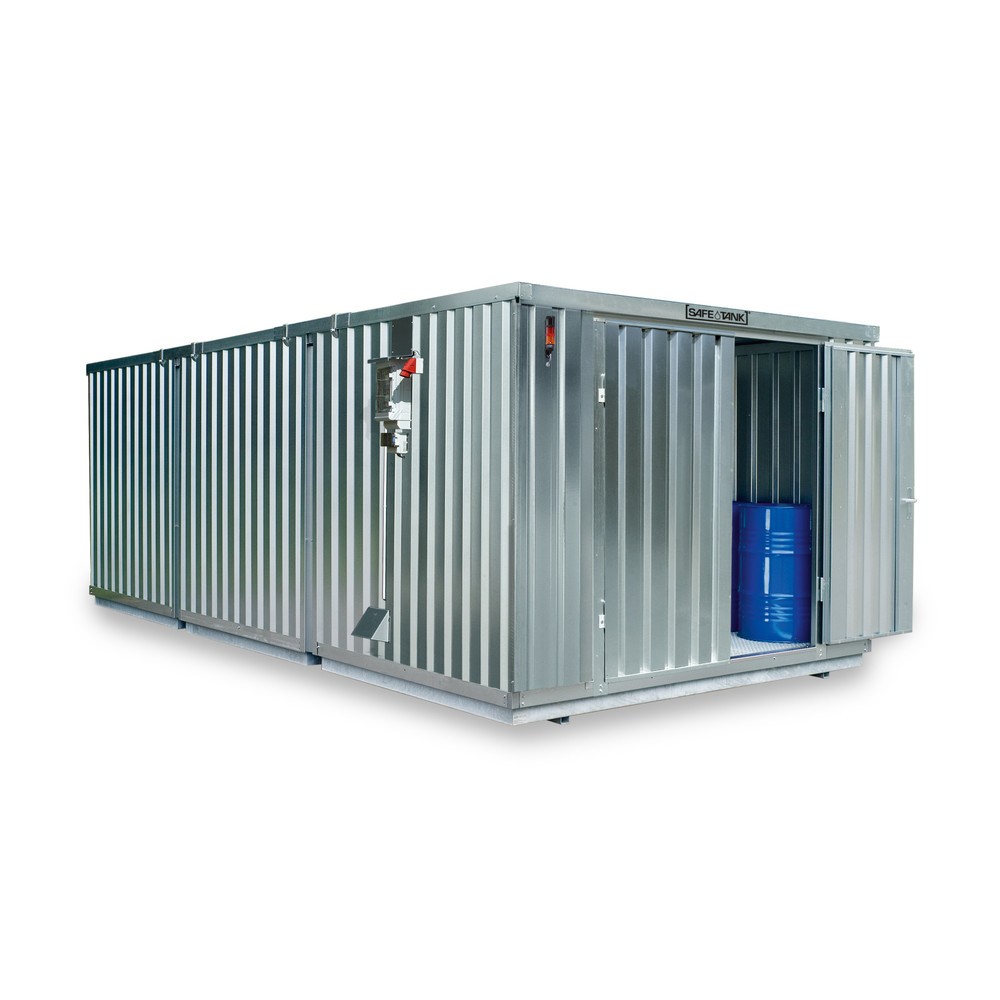 Produktabbildung: SAFE Tank Gefahrstoffcontainer 3000 CONTROL, automatisierte Explosionsschutzeinrichtung für höchste Energieeffizienz u. Sicherheit, Maße außen 3350x6520x2310 mm, Doppelflügeltür (asymmetrische Teilung), mittig in der kurzen Seite, Lagerfläche 19