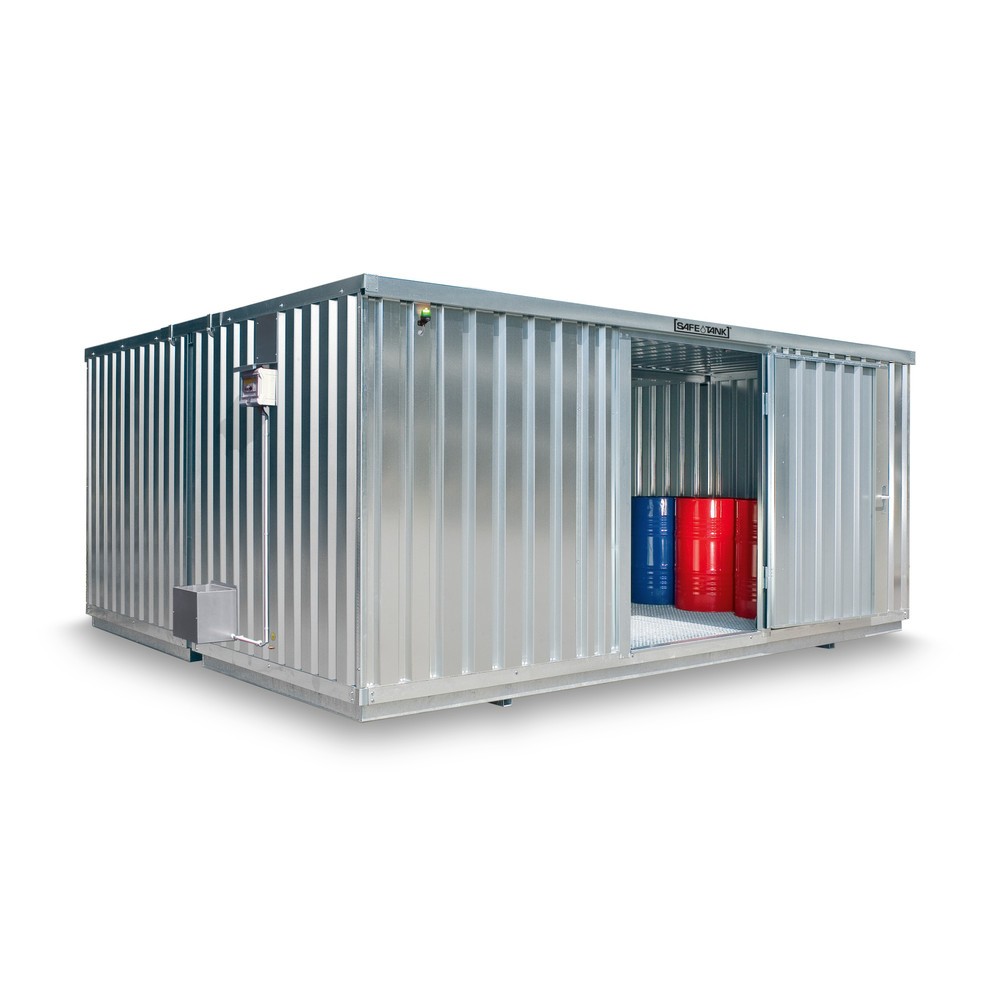 Produktabbildung: SAFE Tank Gefahrstoffcontainer Kombination 3000 ECO, energieeffizient durch bedarfsgerechte Lüftersteuerung, Maße außen 3350x6520x2310 mm, Einzelflügeltür, seitlich in 6 m Seite, Lagerfläche 18 m²
