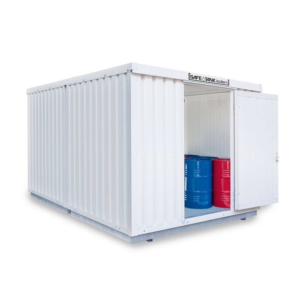 Produktabbildung Nr. 1: SAFE Tank Gefahrstoffcontainer Kombination 2500 WGK 1-3, isoliert, vormontiert, kunststoffbeschichtet RAL 9002, Maße außen 4050x4340x2510 mm, Einzelflügeltür, seitlich in 4 m  Seite , Lagerfläche 16 m²